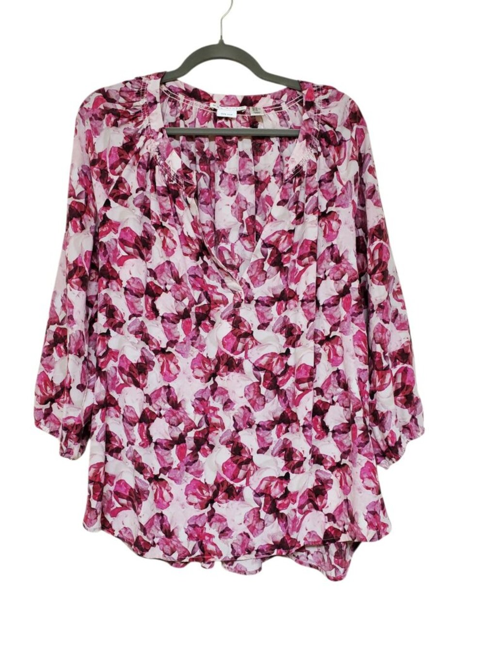 Max Studio Women's Pink White Rose Petal Print 3/4 Sleeve 100% Silk Blouse XL